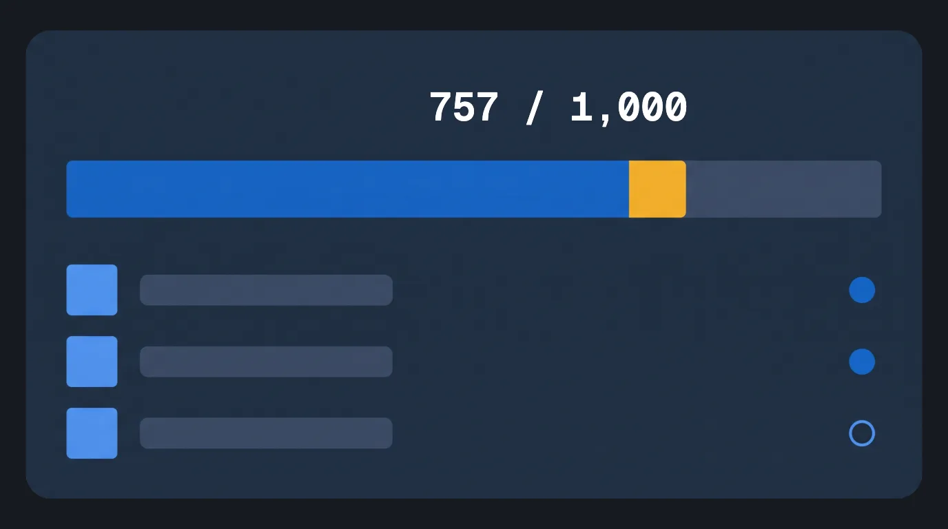 Live bulk-run panel with a progress bar at 757 of 1,000 articles complete, its leading edge marked in gold, above a queue of article rows with thumbnails and status dots showing two done and one in progress.
