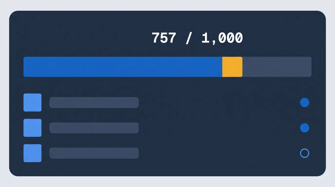 Live bulk-run panel with a progress bar at 757 of 1,000 articles complete, its leading edge marked in gold, above a queue of article rows with thumbnails and status dots showing two done and one in progress.
