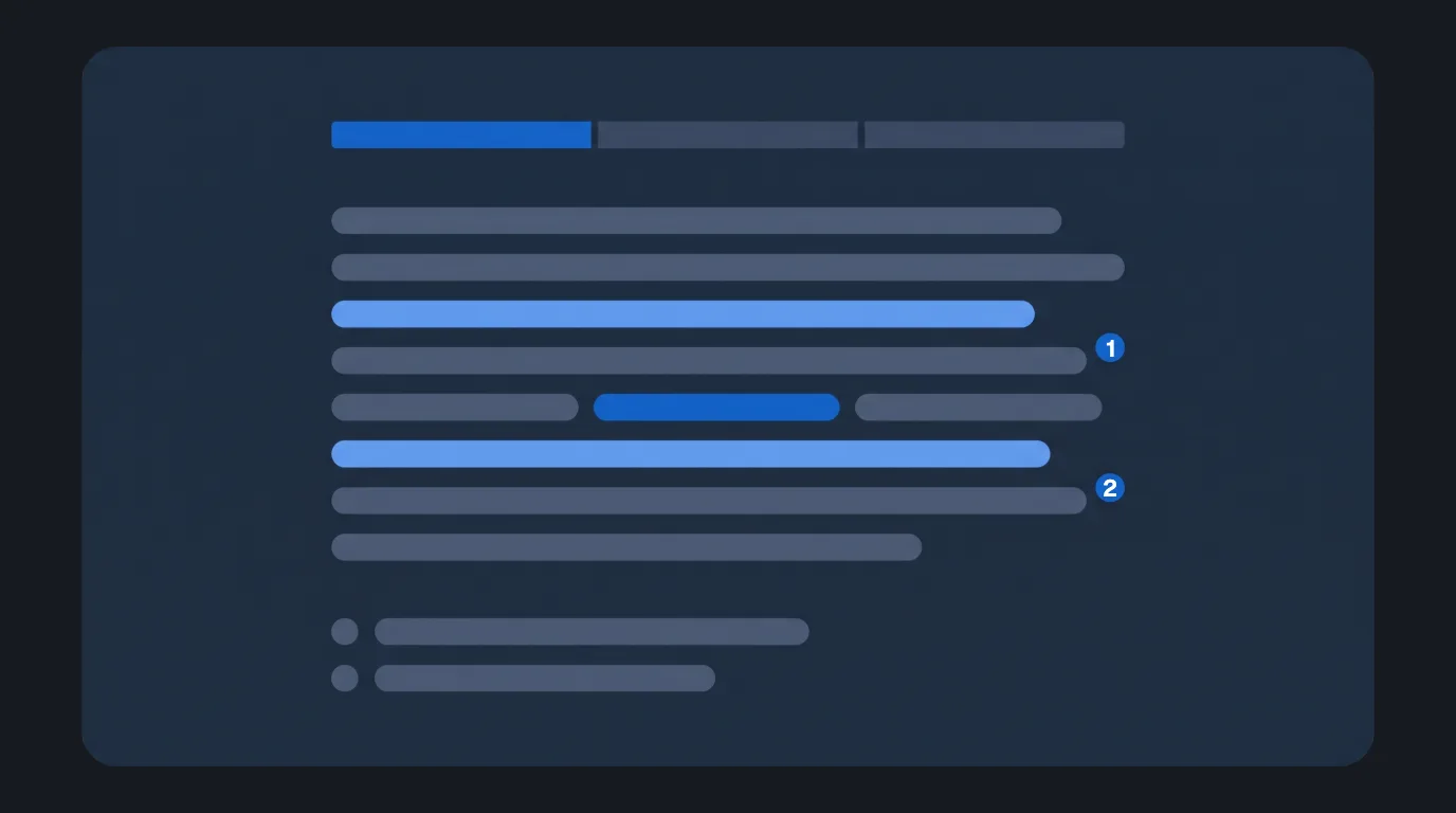 Article excerpt with greeked paragraph lines, two numbered citation markers, one placed link highlighted in royal blue, a three-level research depth control, and two footnote source rows.
