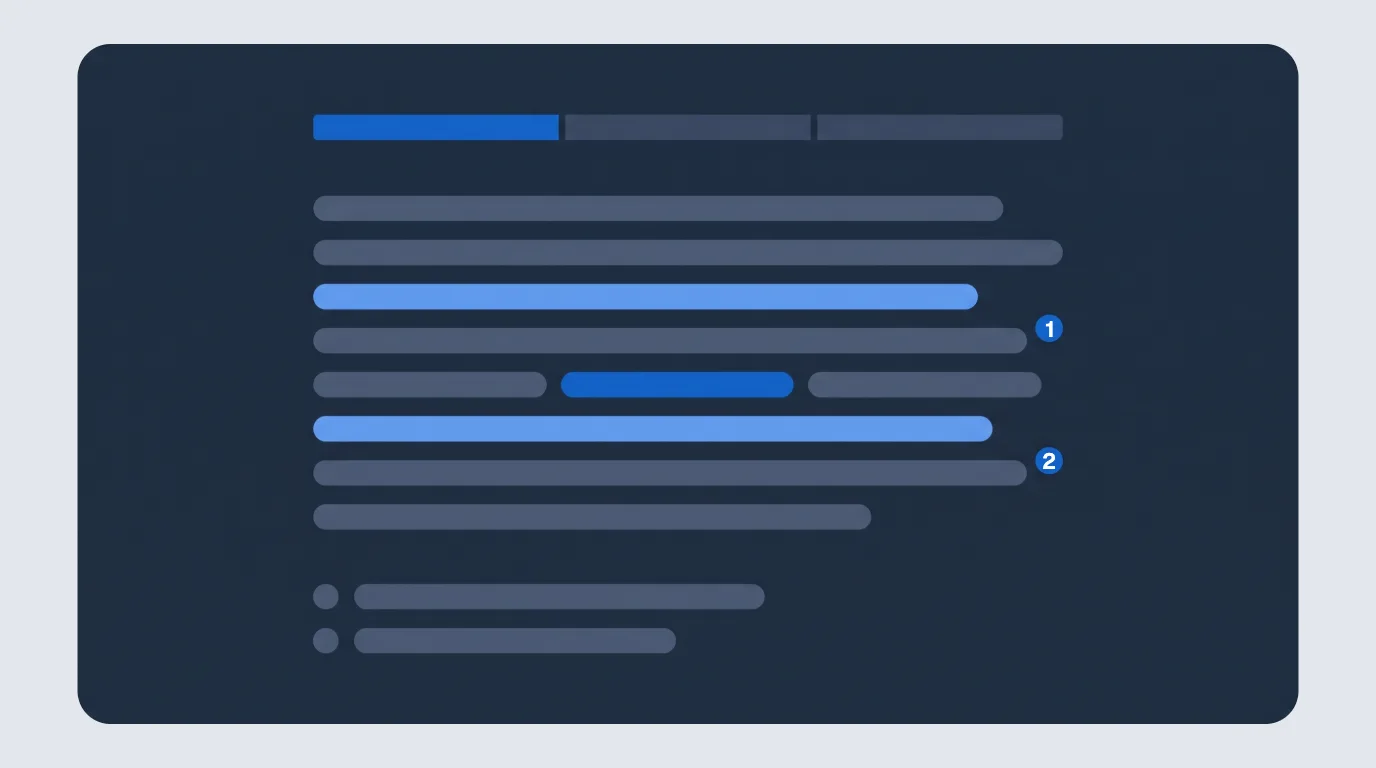 Article excerpt with greeked paragraph lines, two numbered citation markers, one placed link highlighted in royal blue, a three-level research depth control, and two footnote source rows.