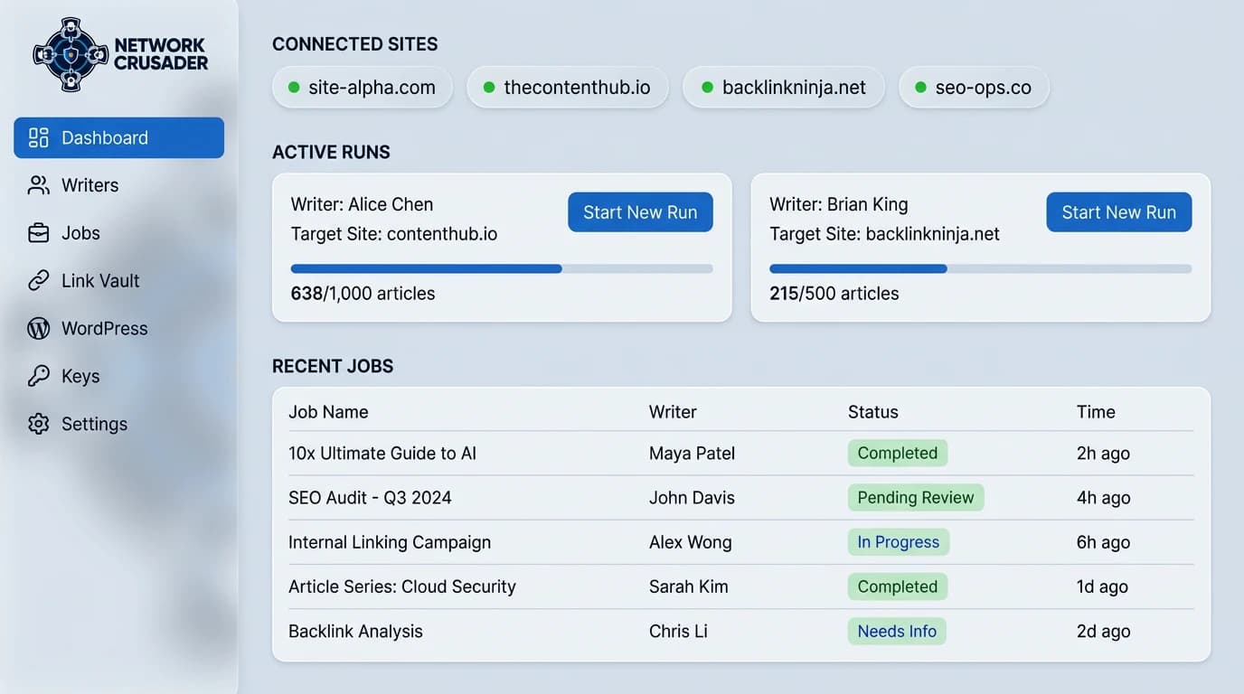 Network Crusader dashboard with a bulk generation job in progress